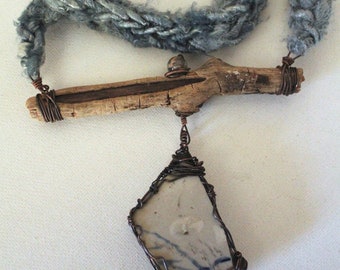 Potters Shard Necklace, Agate Jewelry, Drift Wood, OX Copper, Handmade Pod Cord, Pendant, Art Jewelry, Ornate Jewelry, Cheldena Art Wear