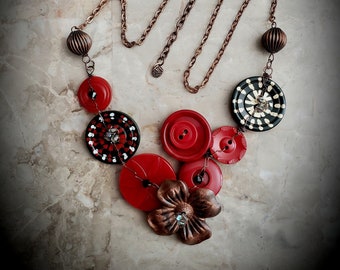 Vintage Button Necklace, Handmade OOAK Cheldena Artwear