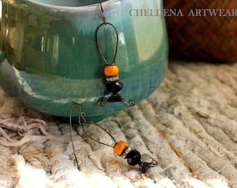 Art Jewelry Persimmon Earrings, Artwear, Trade Beads, Black Crystal, Abstract, Dangle Earrings, Art Elements, Rhinestones, Cheldena Artwear