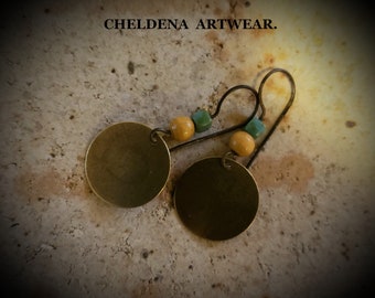 Brass Disc Beaded Earrings, Dangle Earrings,  Every Day Earrings, Brass Earrings, Cheldena ArtWear