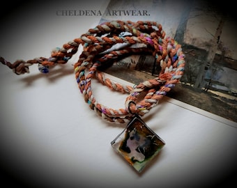 Art Wear Necklace, Hand Spun Silk Art Cord, Handmade Tiffany Style Soldered Glass Painting by Cheldena, Art Jewelry, Artwear, Art