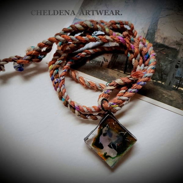 Art Wear Necklace, Hand Spun Silk Art Cord, Handmade Tiffany Style Soldered Glass Painting by Cheldena, Art Jewelry, Artwear, Art