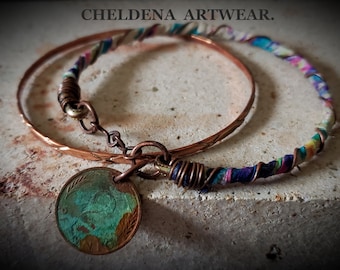 Recycled Remnant Bracelet Set with Vintage Patina World Traveler Coin, Sari Silk bracelet, Cheldena Artwear