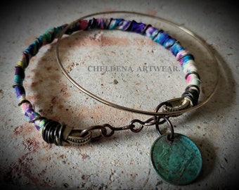 Recycled Remnant Bracelet Set with Vintage Patina World Traveler Coin, Cheldena Artwear