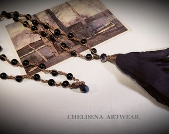 Art Tassel Necklace, Dark Navy Beaded Cord, Dark Navy Tassel Necklace, Art Jewelry, Artwear, Cheldena Artwear