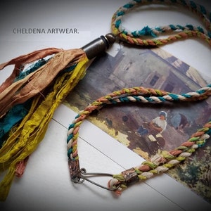 SALE! Whimsical Art Tassel Necklace, Hand Spun Silk Art Cord, Handmade Embossed Hardware, Tassel Necklace, Art Jewelry, Cheldena Artwear