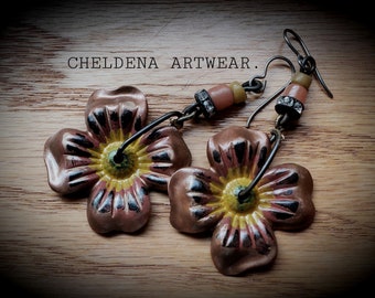 Autumn Flourish Ear Drops, Copper Flourish Earrings, OOAK Art Jewelry, ArtWear, Cheldena ArtWear