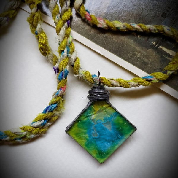 ArtWear Necklace, Hand Spun Silk Cord, Handmade Tiffany Style Soldered Glass Painting by Cheldena, Art Jewelry, Artwear, Art