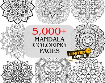 May include: A collection of black and white mandala coloring pages. The image includes various intricate floral and geometric designs. Text reads "5,000+ MANDALA COLORING PAGES" and "LIMITED OFFER". Additional text at the bottom says "ALL CURRENT+FUTURE PAGES".
