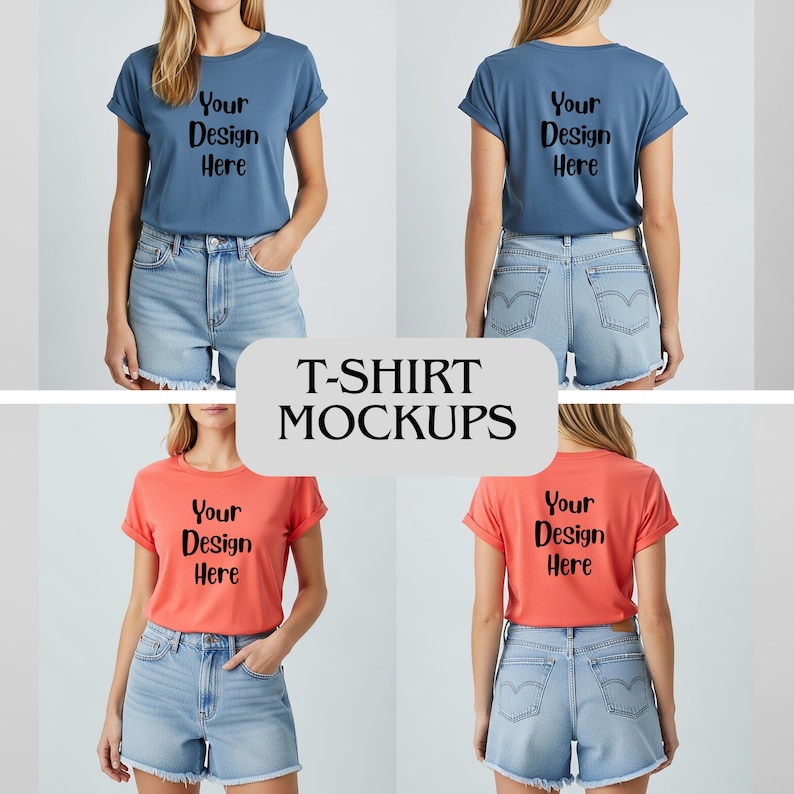 Op de afbeelding: T-shirt mockups in blauw en koraal, elk met de tekst "Your Design Here." De shirts worden gecombineerd met denim shorts. De afbeelding toont voor- en achteraanzichten van de t-shirts.