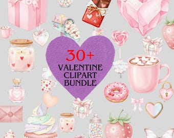 30+ Valentine Cute Watercolor Colorful PNG Bundle, Valentine Love Clipart PNG Instant Download