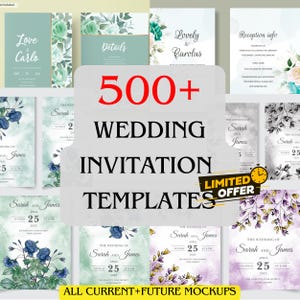 Pode incluir: Uma coleção de modelos de convites de casamento. A imagem apresenta vários designs com elementos florais e botânicos, incluindo o texto "500+ Wedding Invitation Templates" e "Limited Offer". A paleta de cores inclui tons de verde, azul e roxo.