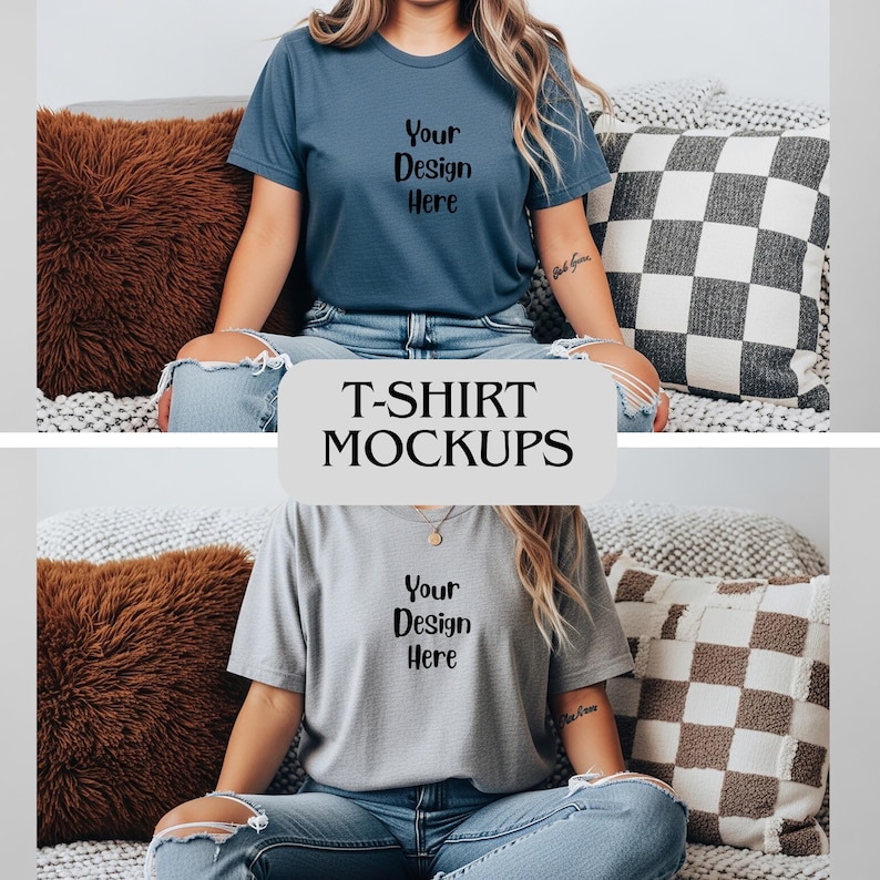 May include: Two t-shirts, one blue and one gray, with the text "Your Design Here" printed on the front. The shirts are displayed on a person wearing ripped jeans. The image also includes a pillow with a brown fur texture and a checkered pillow. The text "T-SHIRT MOCKUPS" is displayed.
