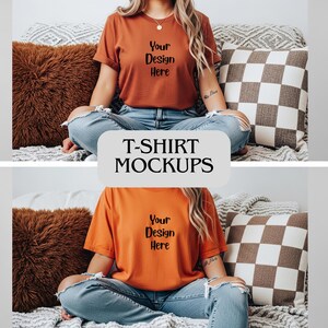 May include: Two t-shirt mockups in rust and orange. Each shirt has the text "Your Design Here" printed on the front. The shirts are worn by a person sitting cross-legged. The text "T-SHIRT MOCKUPS" is in a white rectangle.