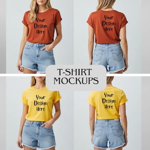 Op de afbeelding: Vier t-shirt-mockups worden getoond. Twee zijn roestkleurig en twee zijn geel. Elk shirt heeft de tekst "Your Design Here" op de voor- en achterkant gedrukt. De tekst "T-SHIRT MOCKUPS" staat in het midden.