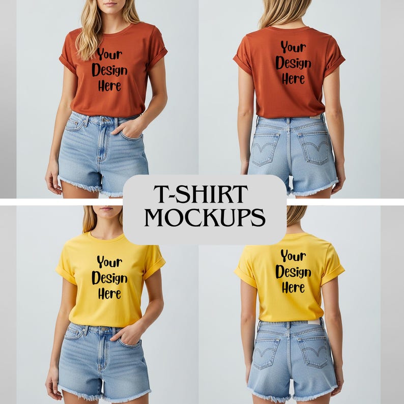 Op de afbeelding: Vier t-shirt-mockups worden getoond. Twee zijn roestkleurig en twee zijn geel. Elk shirt heeft de tekst "Your Design Here" op de voor- en achterkant gedrukt. De tekst "T-SHIRT MOCKUPS" staat in het midden.