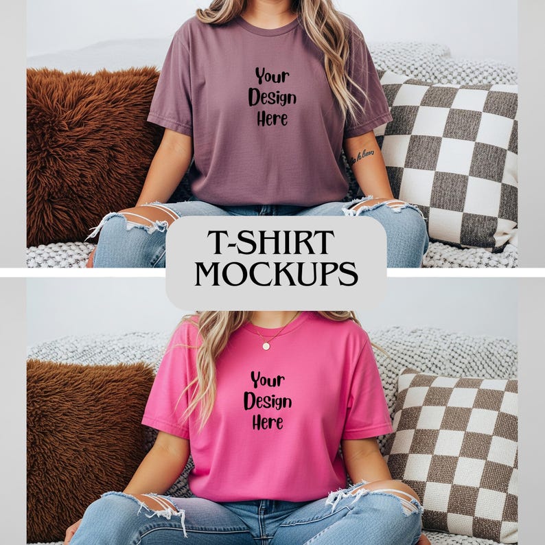 May include: T-shirt mockups featuring two short-sleeved shirts. One is a dusty rose color, the other is bright pink. Both shirts have the text "Your Design Here" printed on the front. The image also includes a brown pillow and a checkered pillow.