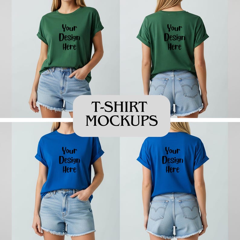 Op de afbeelding: Een mockup met vier t-shirts in groen en blauw, elk met de tekst "Your Design Here". De shirts worden gecombineerd met spijkerbroekshorts. De afbeelding bevat ook de tekst "T-SHIRT MOCKUPS".