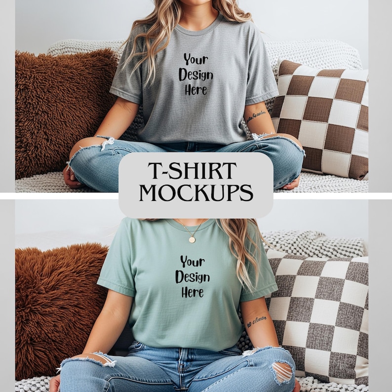 May include: Two t-shirts, one gray and one teal, with the text "Your Design Here" printed on the front. The shirts are part of a T-shirt mockups display. The model is wearing blue jeans. The background includes pillows.