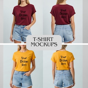 Op de afbeelding: Een mockup met twee t-shirts, &eacute;&eacute;n bordeauxrood en &eacute;&eacute;n goudgeel, elk met de tekst "Your Design Here". De shirts worden gedragen met spijkerbroekshorts. De tekst "T-SHIRT MOCKUPS" is ook aanwezig.