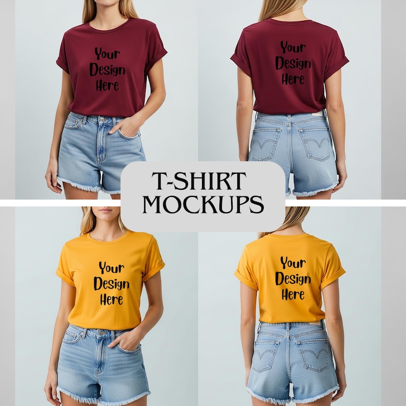 Op de afbeelding: Een mockup met twee t-shirts, &eacute;&eacute;n bordeauxrood en &eacute;&eacute;n goudgeel, elk met de tekst "Your Design Here". De shirts worden gedragen met spijkerbroekshorts. De tekst "T-SHIRT MOCKUPS" is ook aanwezig.
