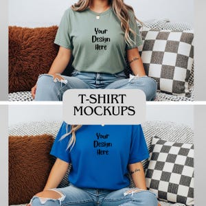 May include: Two t-shirts, one sage green and one royal blue, with the text "Your Design Here" printed on the front. The image also includes the text "T-SHIRT MOCKUPS". The shirts are displayed on a person wearing ripped jeans.