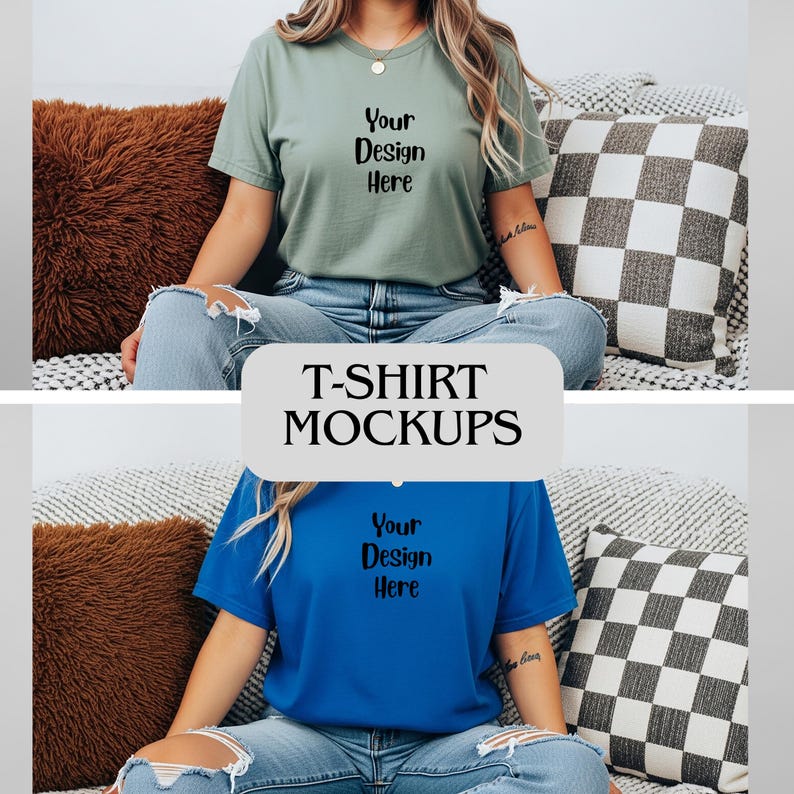 May include: Two t-shirts, one sage green and one royal blue, with the text "Your Design Here" printed on the front. The image also includes the text "T-SHIRT MOCKUPS". The shirts are displayed on a person wearing ripped jeans.
