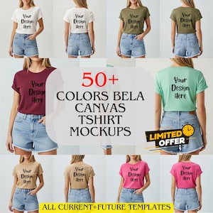Op de afbeelding: Een collage van t-shirt mockups in diverse kleuren, elk met de tekst "Your Design Here" erop. De afbeelding bevat ook de tekst "50+ COLORS BELA CANVAS TSHIRT MOCKUPS" en een "LIMITED OFFER" banner.