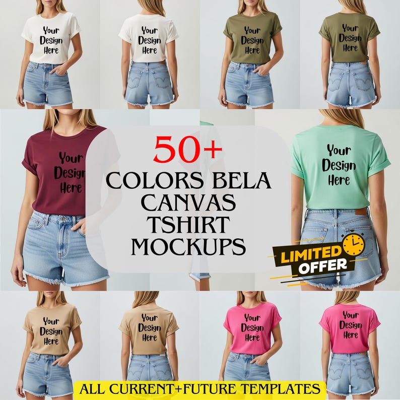 Op de afbeelding: Een collage van t-shirt mockups in diverse kleuren, elk met de tekst "Your Design Here" erop. De afbeelding bevat ook de tekst "50+ COLORS BELA CANVAS TSHIRT MOCKUPS" en een "LIMITED OFFER" banner.
