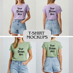 Op de afbeelding: Een mockup-afbeelding met vier t-shirts in verschillende kleuren, elk met de tekst "Your Design Here" op de voor- en achterkant. De shirts worden gedragen met spijkerbroekshorts. De afbeelding bevat ook de tekst "T-SHIRT MOCKUPS".