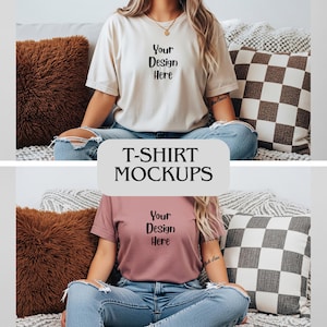 May include: T-shirt mockups featuring two different colored t-shirts. One is a cream color, and the other is a mauve color. Both shirts have the text "Your Design Here" printed on them. The shirts are being modeled.