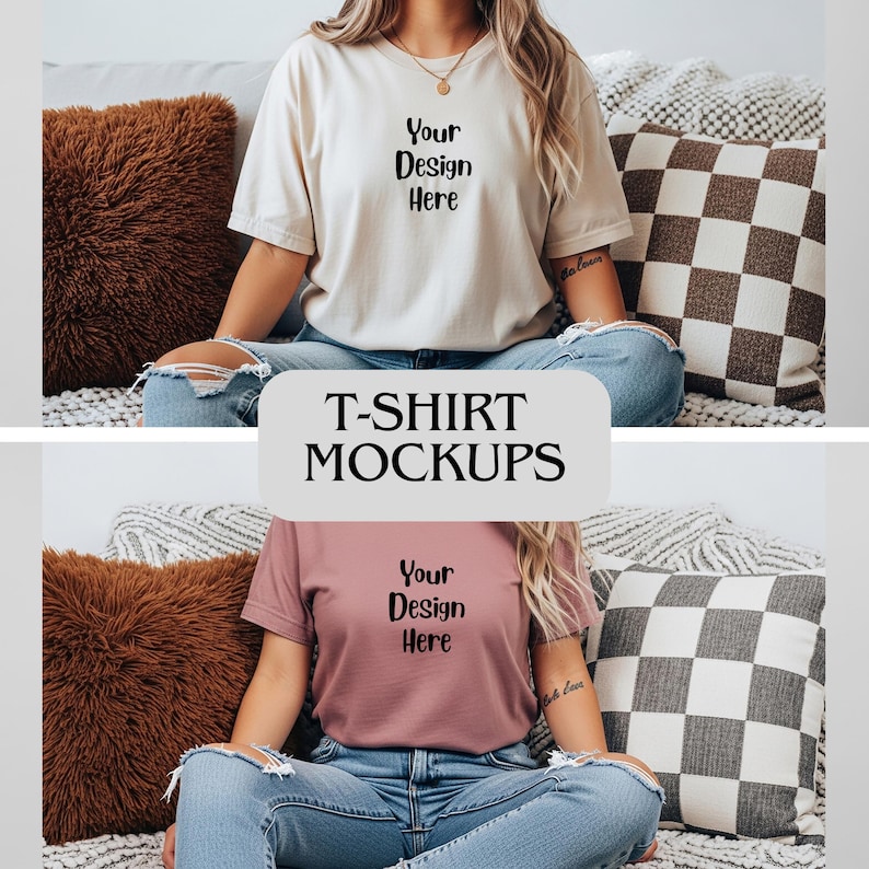 May include: T-shirt mockups featuring two different colored t-shirts. One is a cream color, and the other is a mauve color. Both shirts have the text "Your Design Here" printed on them. The shirts are being modeled.