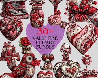 30+ Valentine Cute Colorful PNG Bundle, Valentine Love Clipart PNG Instant Download