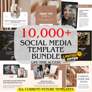 Könnte beinhalten: Werbebild für ein Social-Media-Vorlagenpaket. Der Text "10.000+ SOCIAL MEDIA TEMPLATE BUNDLE" ist prominent platziert. Zusätzlicher Text beinhaltet "LIMITED OFFER" und "LIFE TIME ACCESS". Das Bild enthält weitere Werbegrafiken.