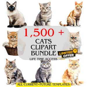 Könnte beinhalten: Ein digitales Kunstpaket mit verschiedenen Katzenrassen. Das Bild enthält den Text "1.500+ CATS CLIPART BUNDLE" mit "LIMITED OFFER" und "ALL CURRENT+FUTURE TEMPLATES". Die Katzen sind in verschiedenen Posen und Farben.