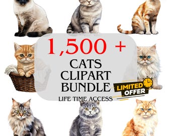 Cats Clipart Bundle 1500+: Watercolor Kitten Graphics (Digital Download