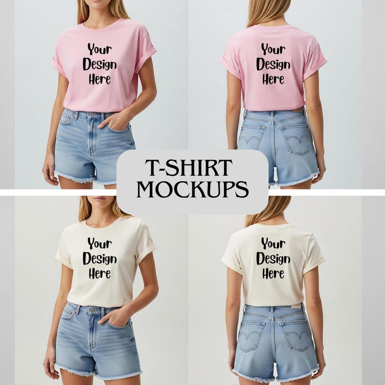 Op de afbeelding: Vier t-shirt mockups. Er worden twee roze en twee cr&egrave;mekleurige t-shirts getoond, elk met de tekst "Your Design Here" op de voor- en achterkant. De zin "T-SHIRT MOCKUPS" staat in het midden.