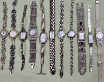 Vtg Faberge Womens Marcasite Watch 26mm Silver Tone Stretch Band New Battery Fabergé Ladies Watch Silver Tone Marcasite Crystal Bracelet  main image 4