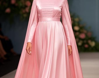 Baby Pink Satin Gown with Cape Sleeves XS to XXL Elegant Ethnic Dress for Women Partywear Gown Wedding Guest Outfit Festive Wear