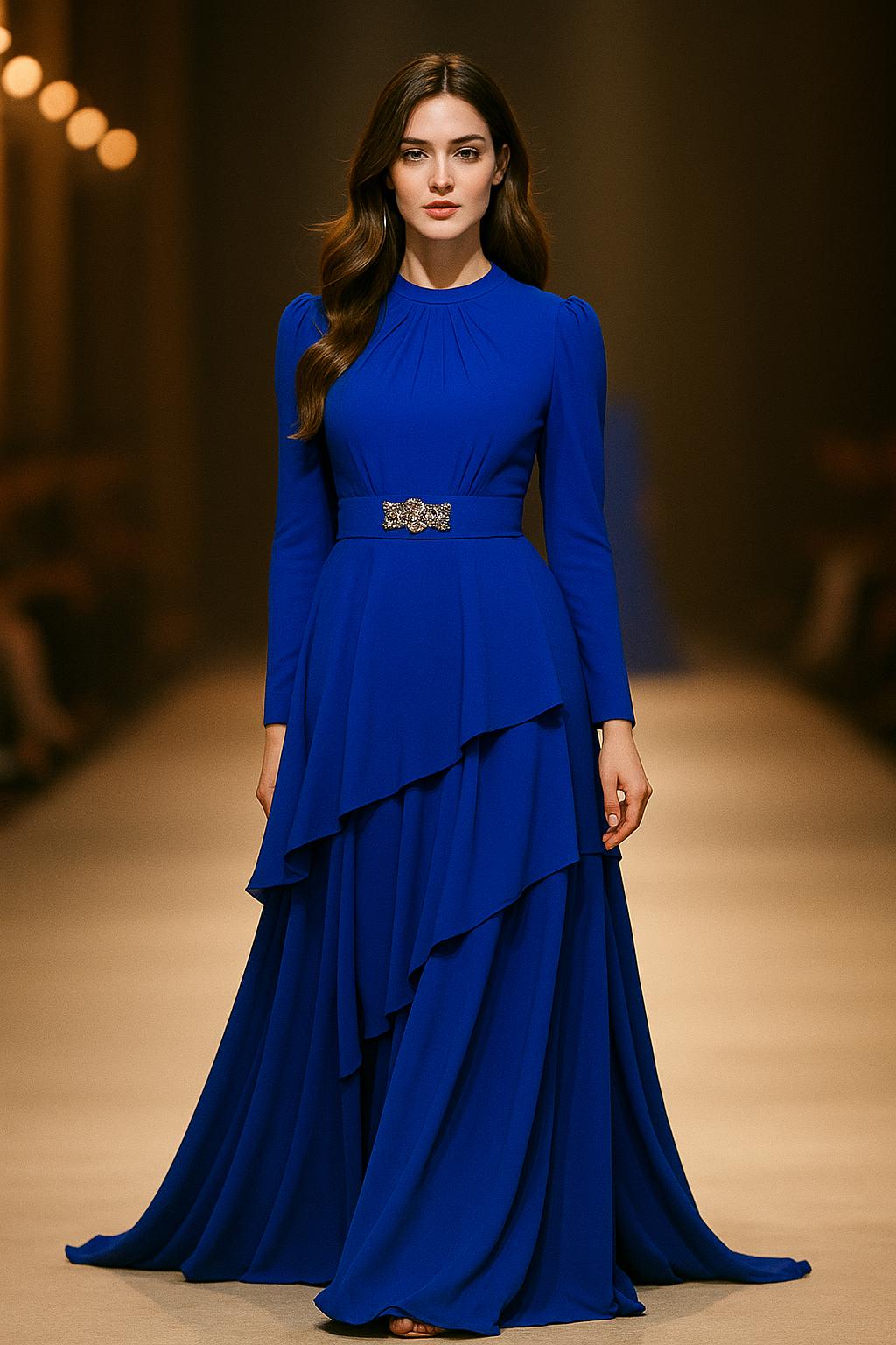 Royal Blue Layered Gown with Embellished Waist Belt XS to XXL Elegant Ethnic Dress for Women Partywear Gown Wedding Guest Outfit
