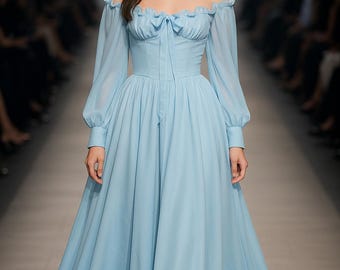 Light Blue Off-Shoulder Maxi Dress | Ruffle Hem Princess Gown | Long Sleeve Flowy Chiffon Dress | Romantic Cottagecore Dress for Women
