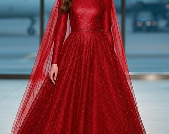 Red Sparkle Net Gown with Cape Sleeves XS to XXL Elegant Ethnic Dress for Women Partywear Gown Festive Outfit Wedding Guest Dress