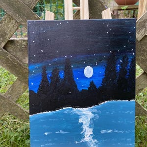 Starry Night Over Water Acrylic Painting on Canvas board