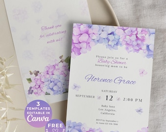 Hydrangea Baby Shower Invitation | Canva Template | Blue Floral | Editable Garden Party Invite | Digital Download