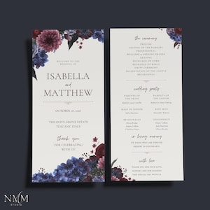 Pode incluir: Um programa de casamento de dois lados com fundo creme e ilustrações florais escuras de dálias bordô e hortênsias azuis. O texto inclui os nomes Isabella e Matthew, a data 18 de outubro de 2026 e a ordem da cerimônia de casamento.