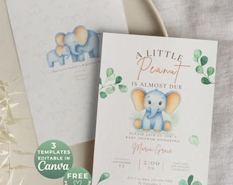 Little Peanut Baby Shower Invitation | Canva Template | Gender Neutral Elephant | Editable Invite | Digital Download