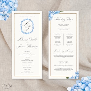 Puede incluir: Dos tarjetas verticales de programa de boda con fondo blanco, bordes dorados y detalles florales de hortensias azules. La tarjeta izquierda muestra los nombres Lauren Castillo y James Flanning con un monograma. La derecha lista la corte.