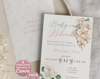 Baby in Bloom Baby Shower Invite | Canva Template | Gender Neutral | Floral Rose & Orchid | Digital Download