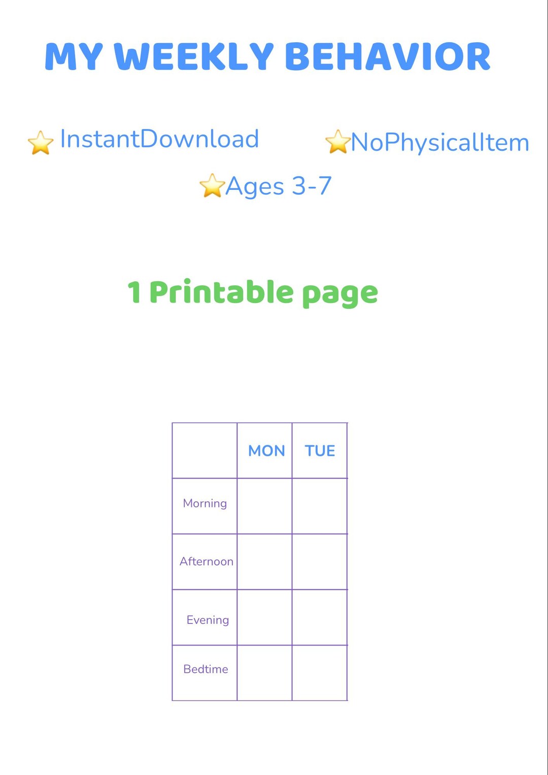 Printable Reward Chart for Kids Ages 3–7 – Weekly Behavior Chart PDF ...