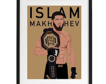 May include: A digital illustration of a mixed martial arts fighter holding a UFC championship belt. The fighter is wearing black shorts and black gloves. The background is a light brown color. The text "ISLAM MAKHACHEV" is printed in black at the top of the image.